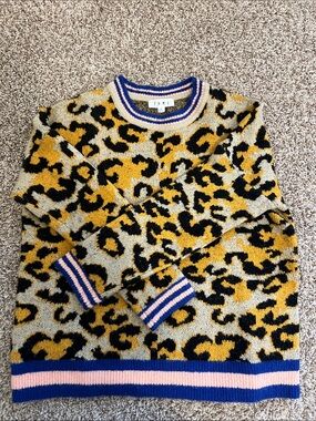 THML Leopard Print Knit Sweater with Yellow, Black & Pink-Blue Trim